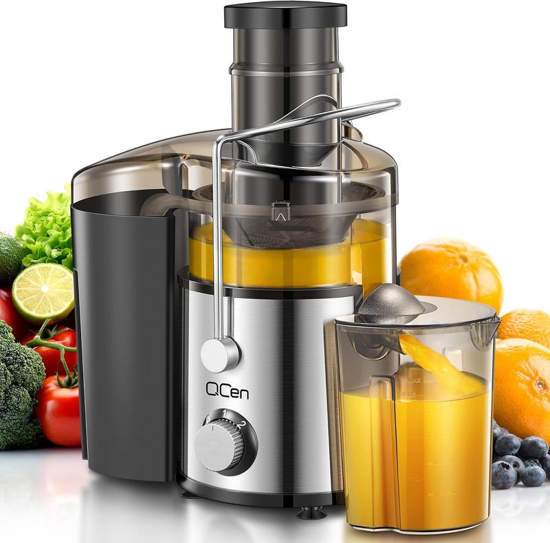 QCEN Juicer Machine, 800W Centrifugal Juicer Extractor with 3” Wide Mouth Feed Chute for Fruits & Vegetables, Easy to Clean, Stainless Steel, BPA-Free - Image 1